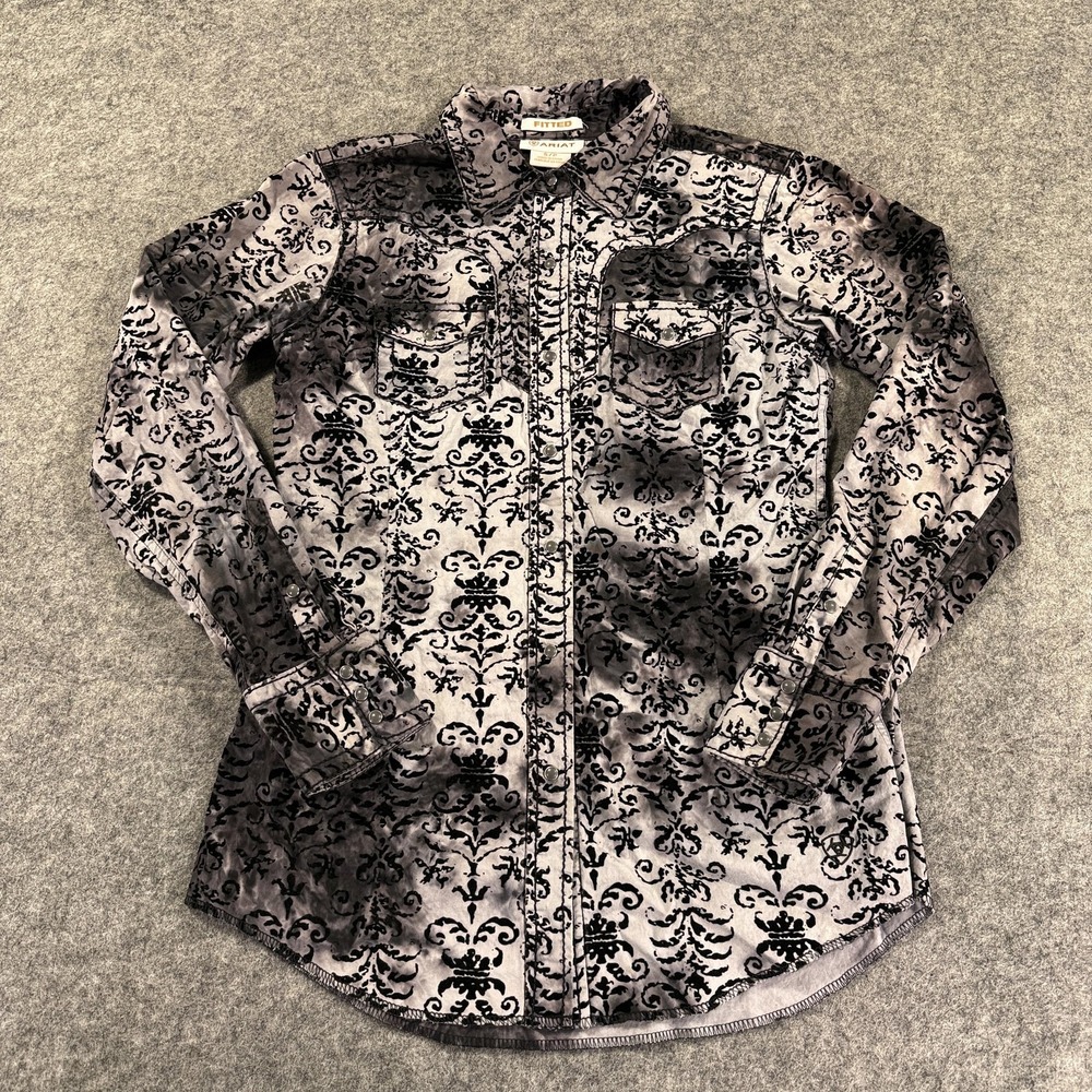 Ariat Shirt Womens Small Black‎ Flocked Velvet Western Snap Button Long Sleeve